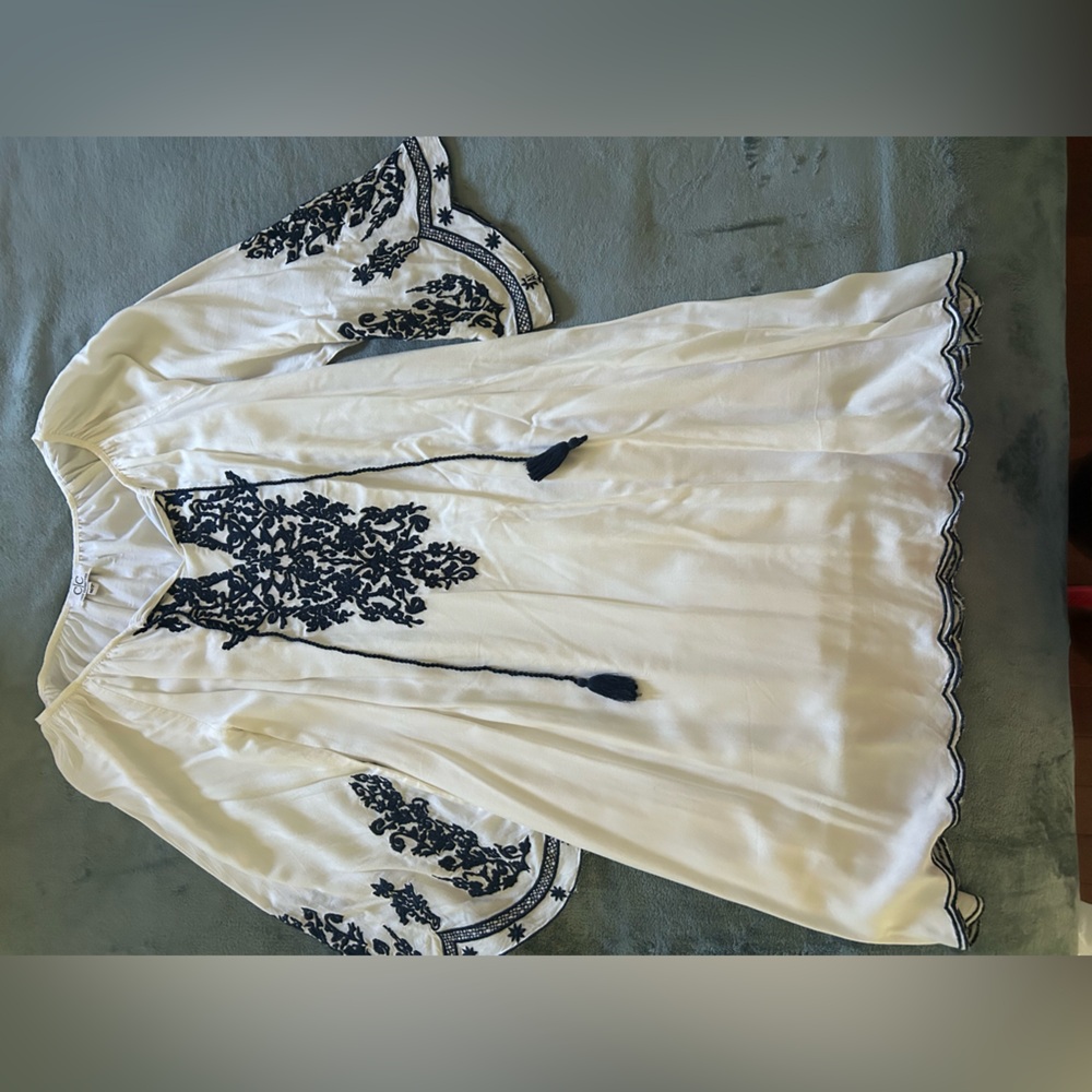 Elegant White and Blue Embroidered Dress